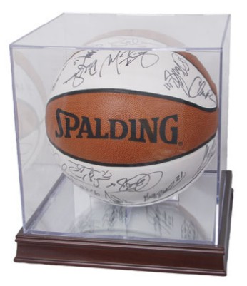 Grandstand Basketball or Soccer Ball Display with Mirrored Wood Base