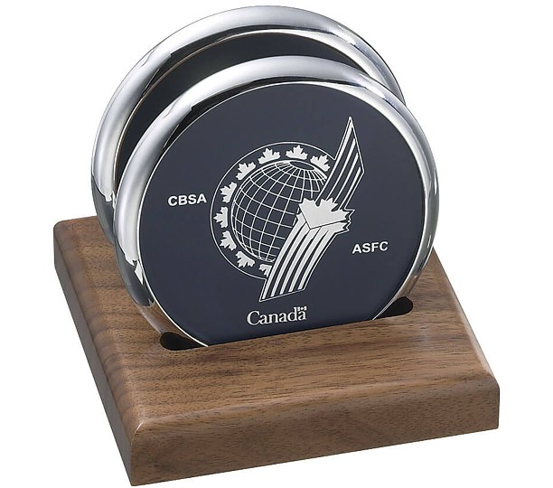 2 Solid Chrome Coasters in Walnut Stand