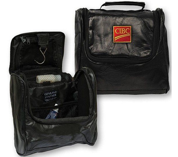 21A-1384-EMB - Patch Leather Hanging Travel Kit, Embroidered
